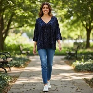 Last Tango Black & Blue Velour Animal Print Blouse Size M